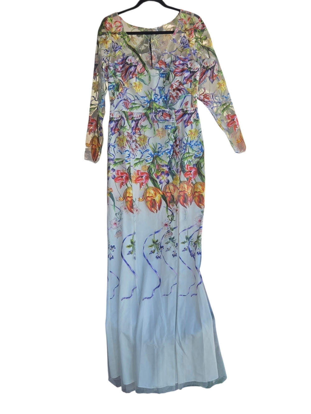 Marchesa Notte Ribbons Floral Embroidered Tulle Long Sleeve Gown Ivory Size 8